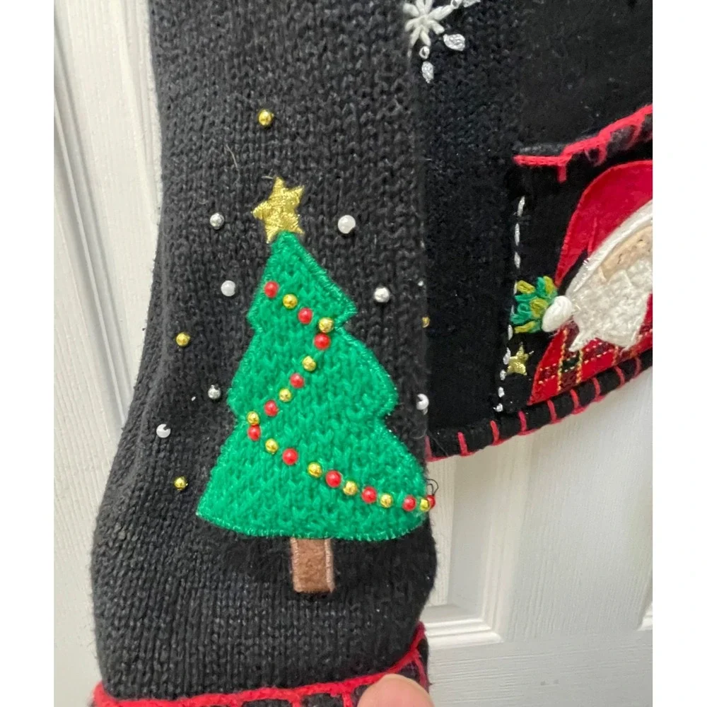 Vintage Ambria Women's Petite Med Cardigan Black Christmas Ugly‎ Sweater Beaded